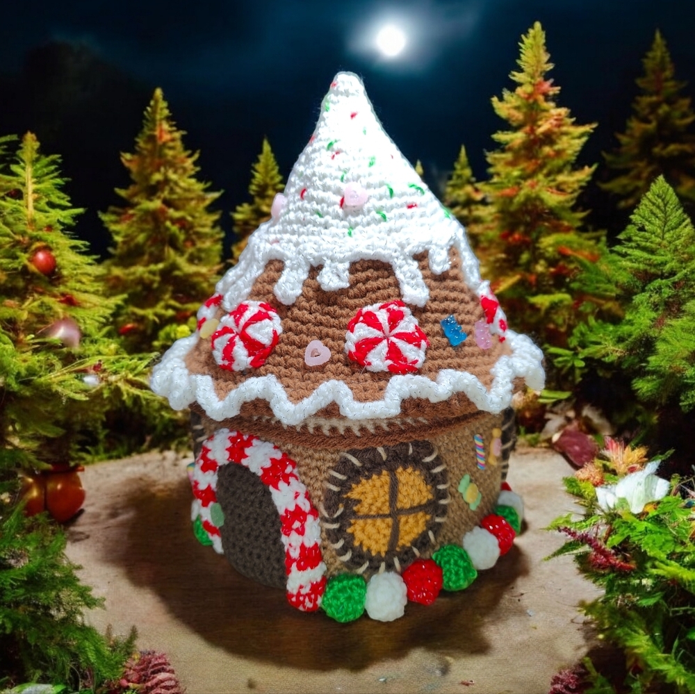 Handmade Crochet Giant Gingerbread Gnome House Basket - Picture 2 of 13